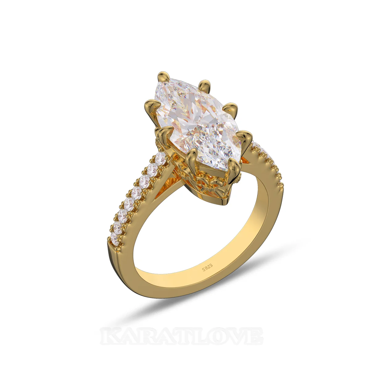 Bague de fiançailles en argent sterling blanc et or jaune avec diamant taille marquise