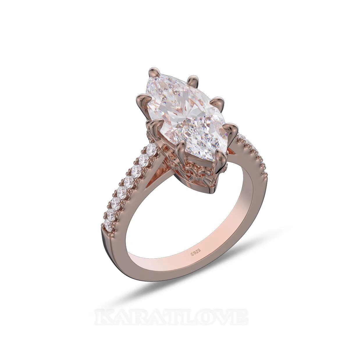 Bague de fiançailles en argent sterling blanc et or rose avec diamant taille marquise