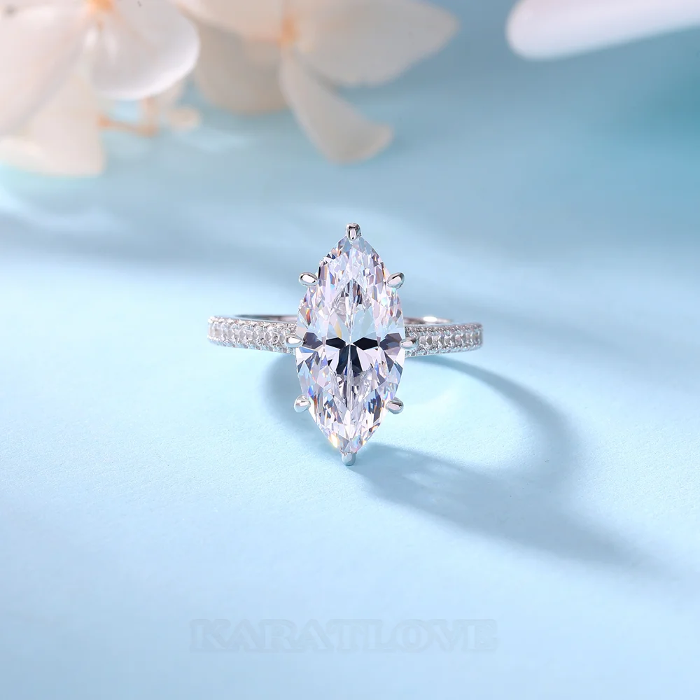 Bague de fiançailles en argent sterling blanc avec diamant taille marquise