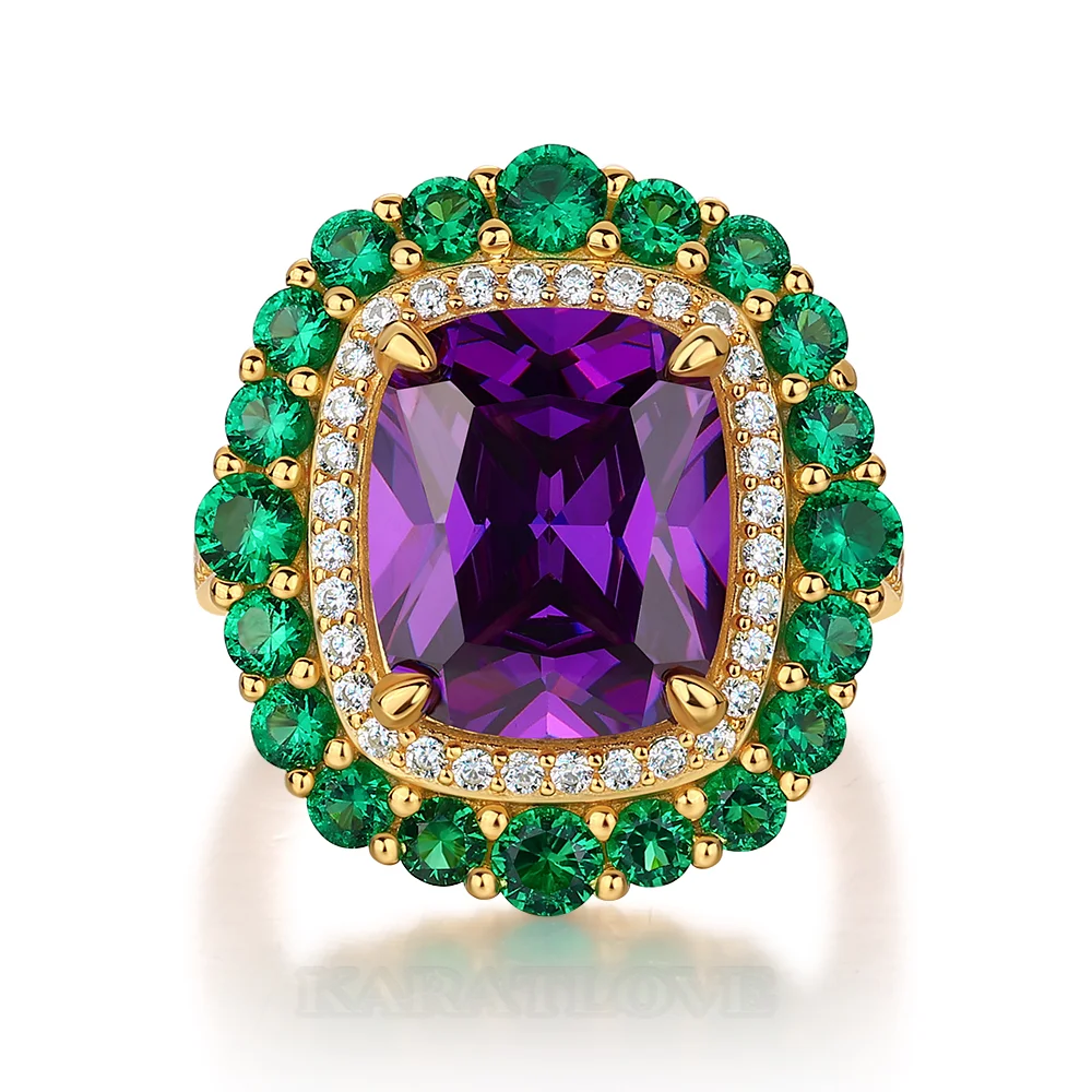 Bague de fiançailles double halo en argent sterling et or jaune avec améthyste taille coussin