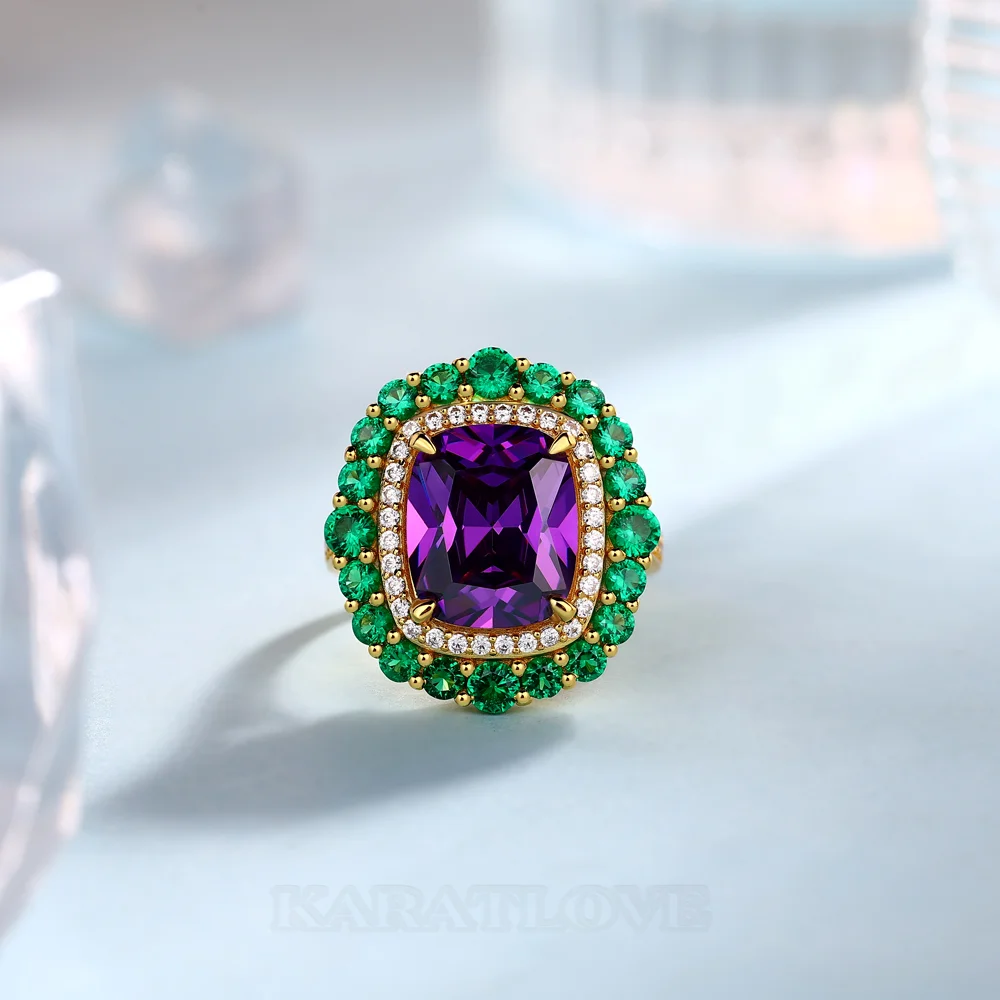 Bague de fiançailles double halo en argent sterling et or jaune avec améthyste taille coussin