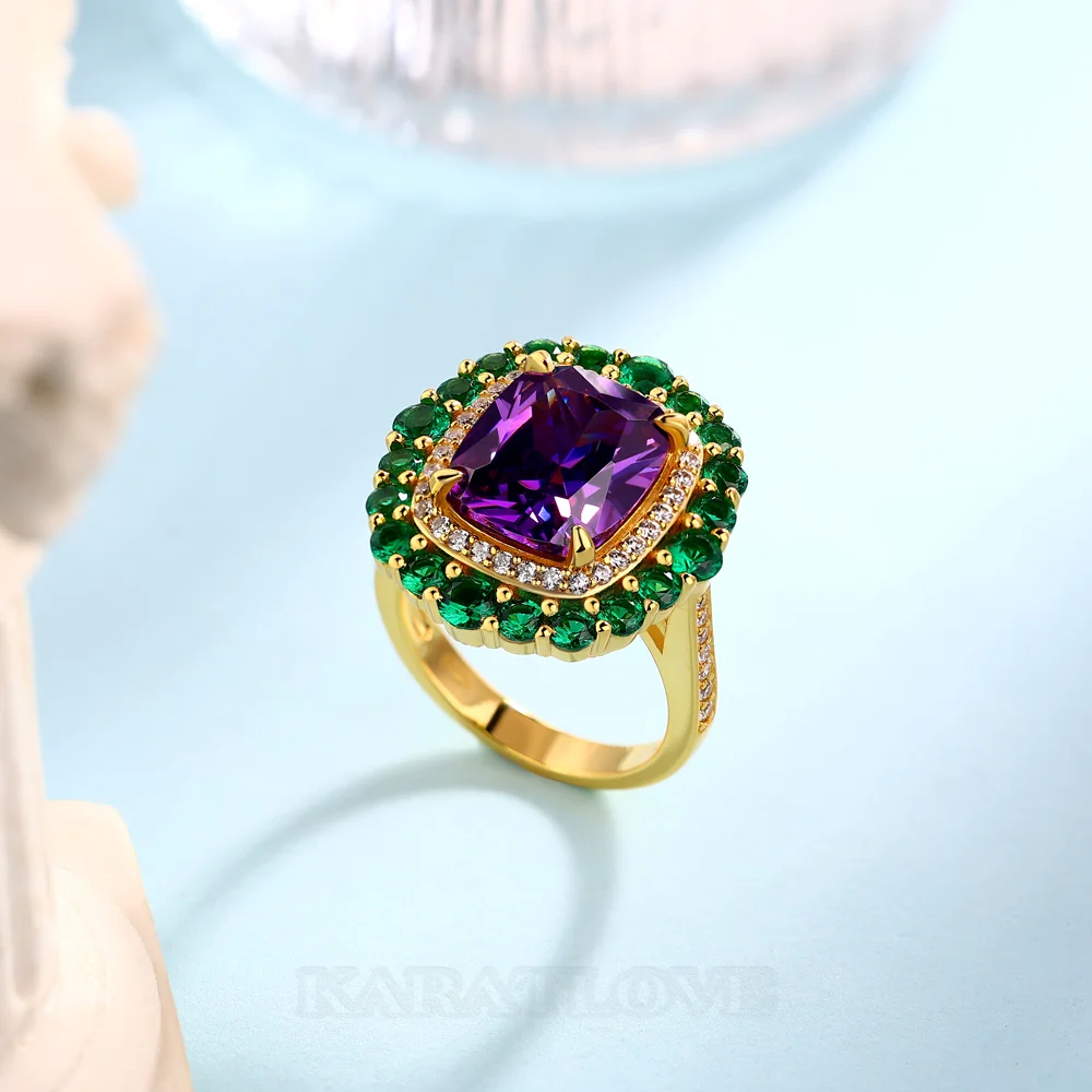 Bague de fiançailles double halo en argent sterling et or jaune avec améthyste taille coussin