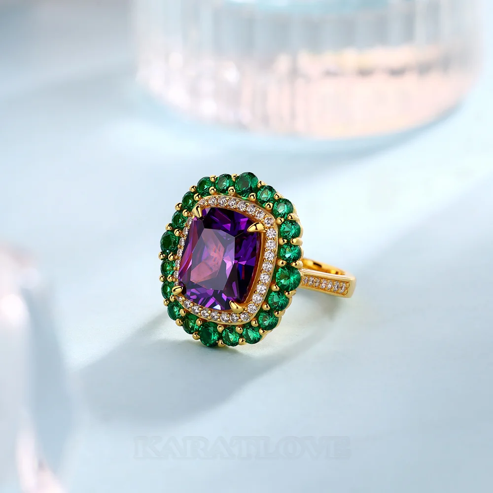 Bague de fiançailles double halo en argent sterling et or jaune avec améthyste taille coussin