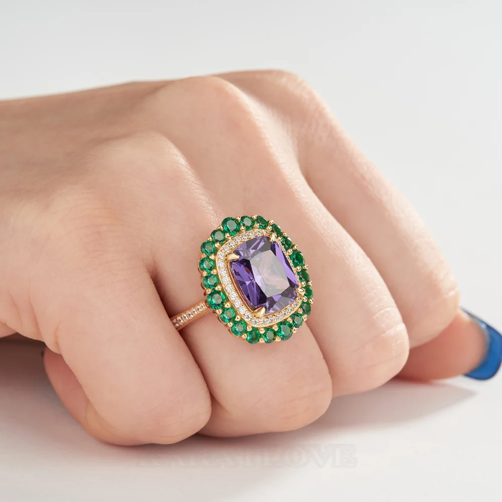 Bague de fiançailles double halo en argent sterling et or jaune avec améthyste taille coussin