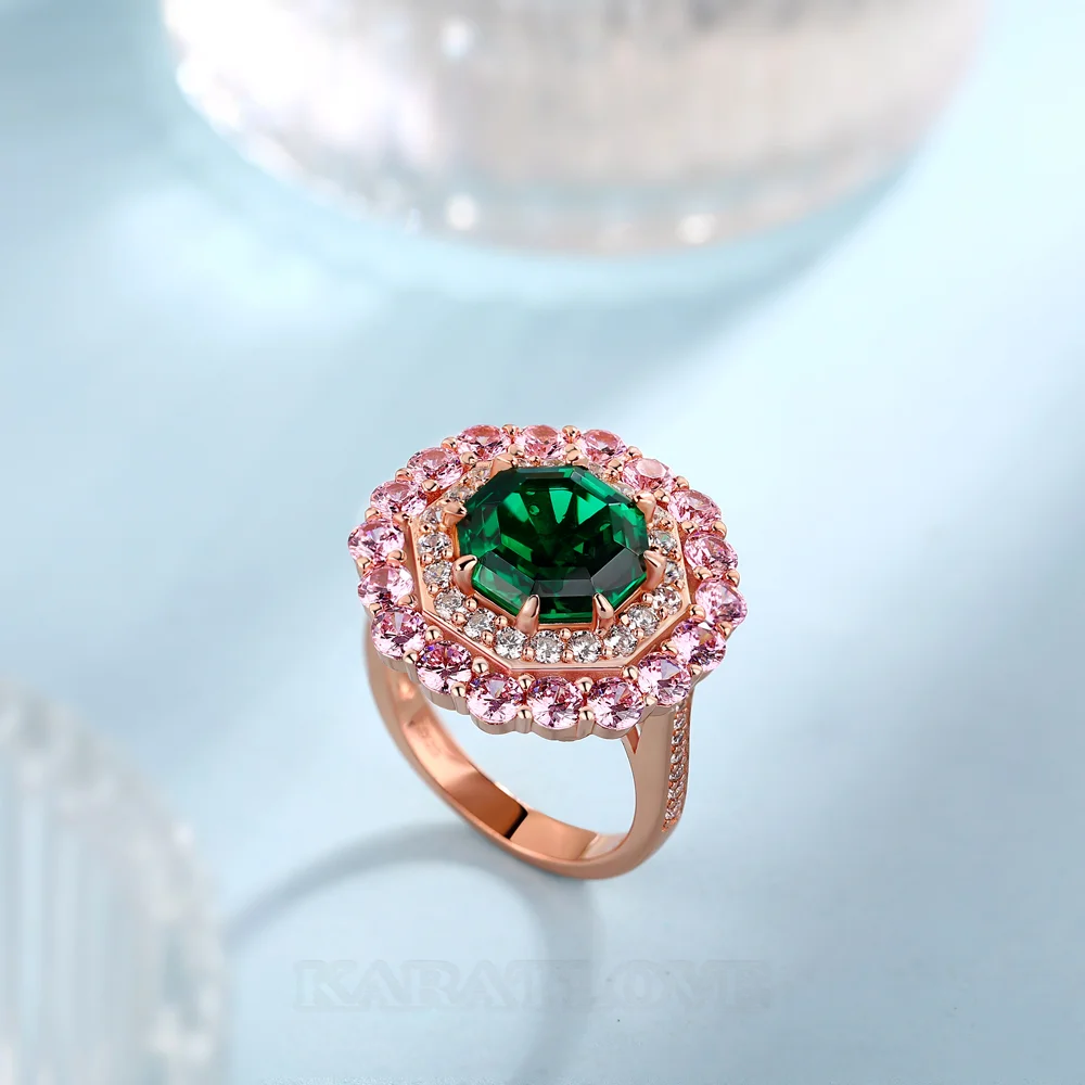 Bague de fiançailles double halo en argent sterling, or rose et vert émeraude taille octogonal avec double halo