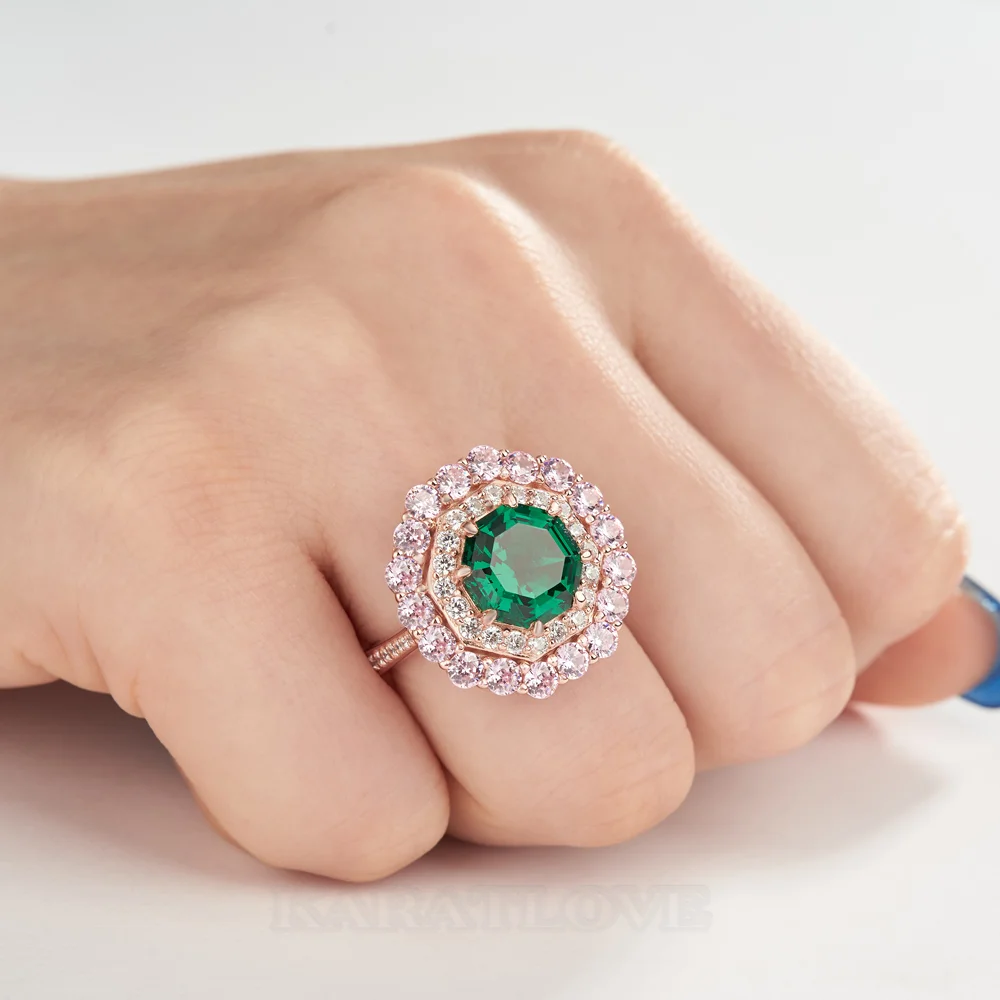 Bague de fiançailles double halo en argent sterling, or rose et vert émeraude taille octogonal avec double halo