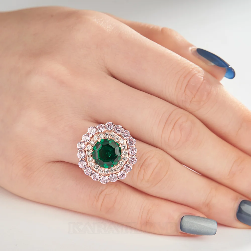 Bague de fiançailles double halo en argent sterling, or rose et vert émeraude taille octogonal avec double halo