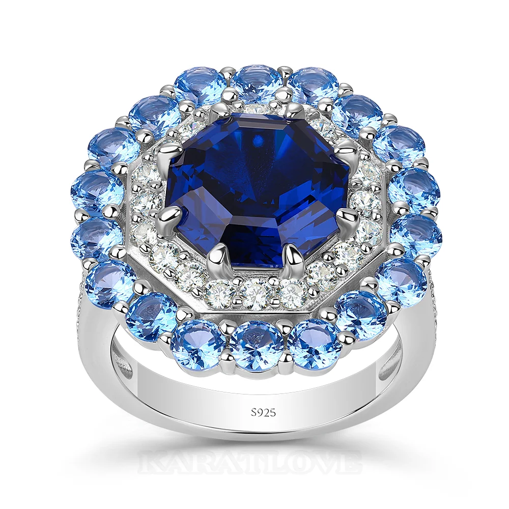 Bague de fiançailles double halo en argent sterling avec saphir bleu taille octogonale