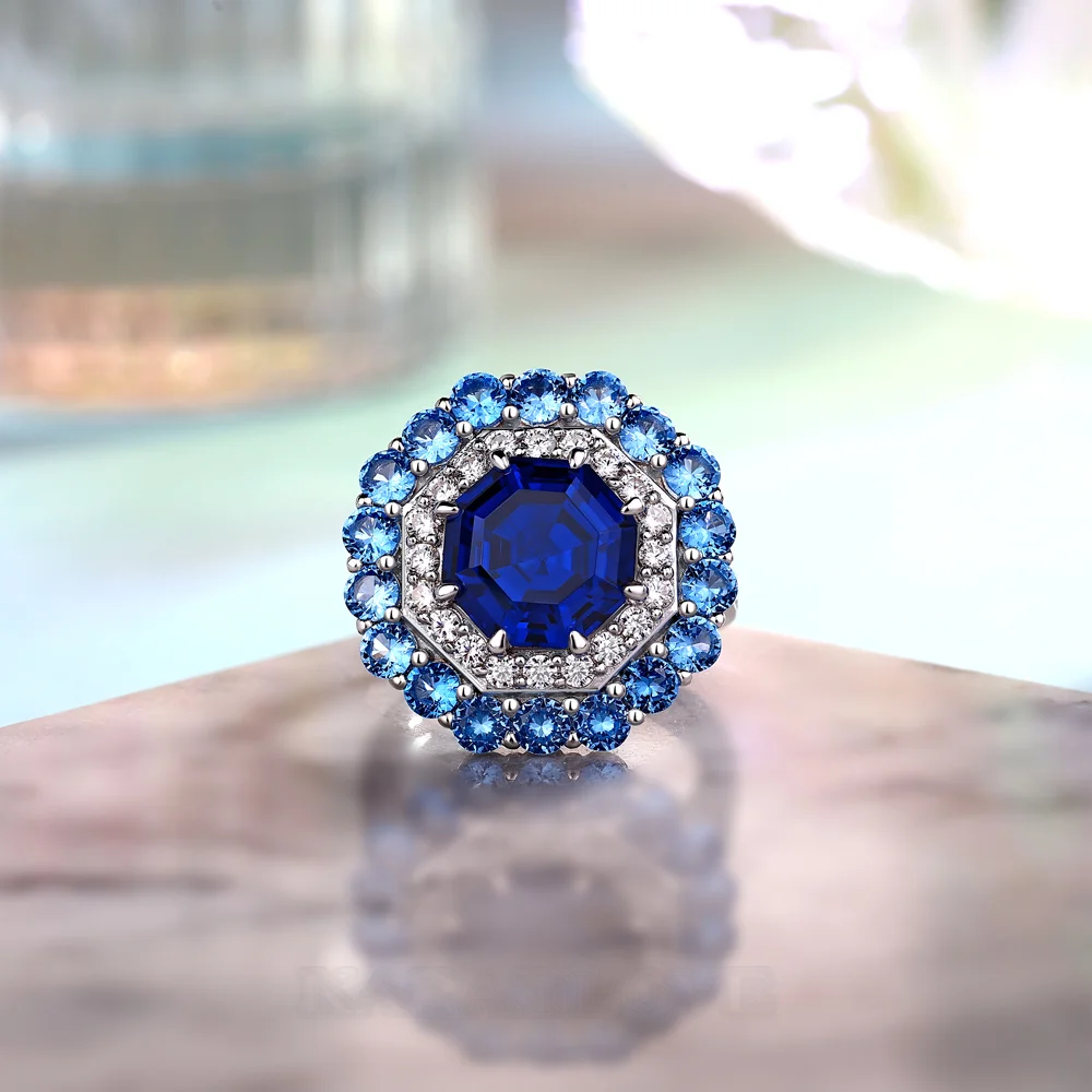 Bague de fiançailles double halo en argent sterling avec saphir bleu taille octogonale