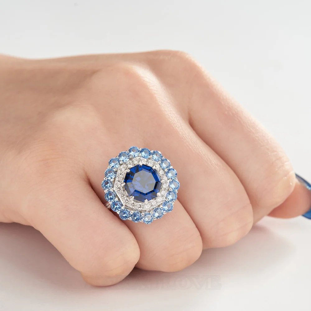 Bague de fiançailles double halo en argent sterling avec saphir bleu taille octogonale