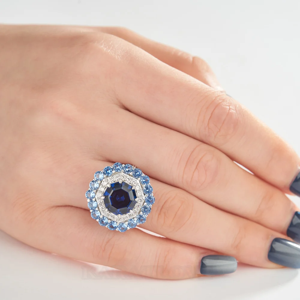 Bague de fiançailles double halo en argent sterling avec saphir bleu taille octogonale