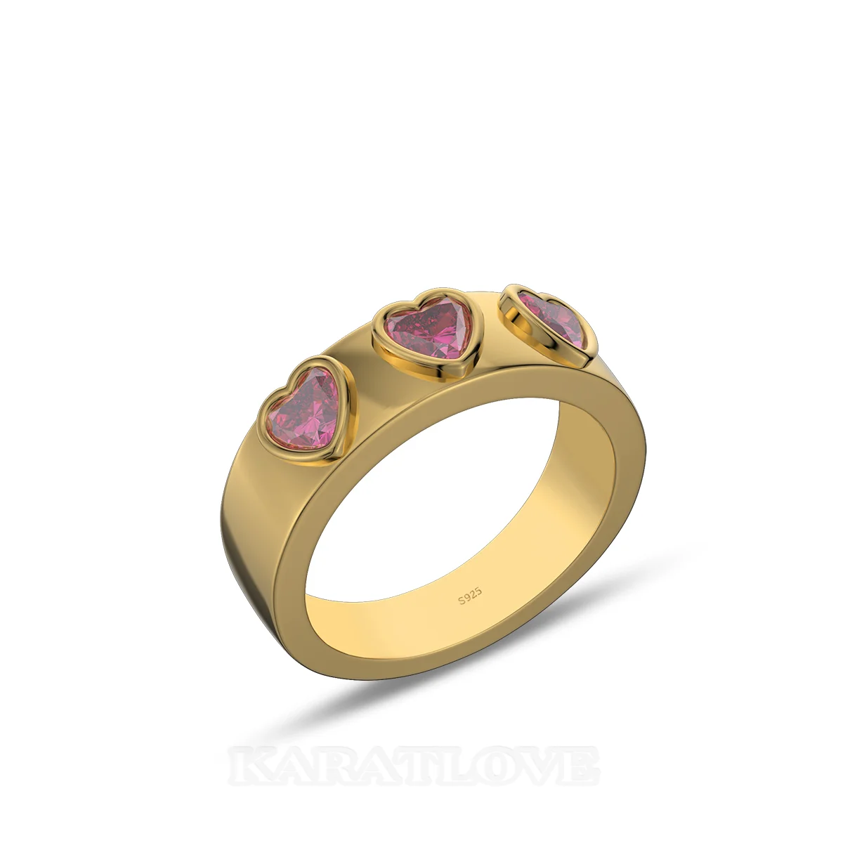 Bague de promesse en argent sterling et or jaune sertie de rubis rouge taillé en trois cœurs