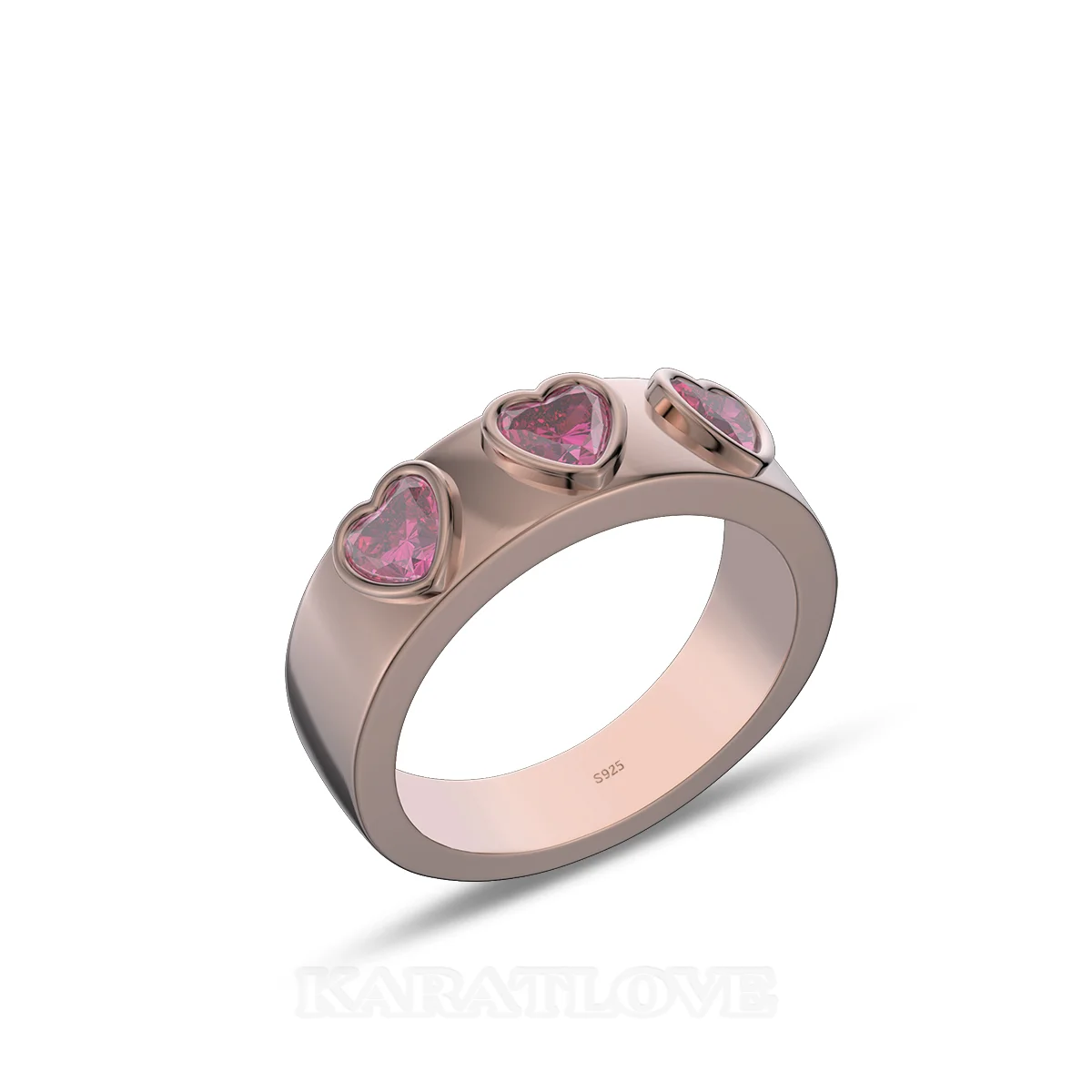 Bague de promesse en argent sterling et or rose sertie de rubis rouge taillé en trois cœurs