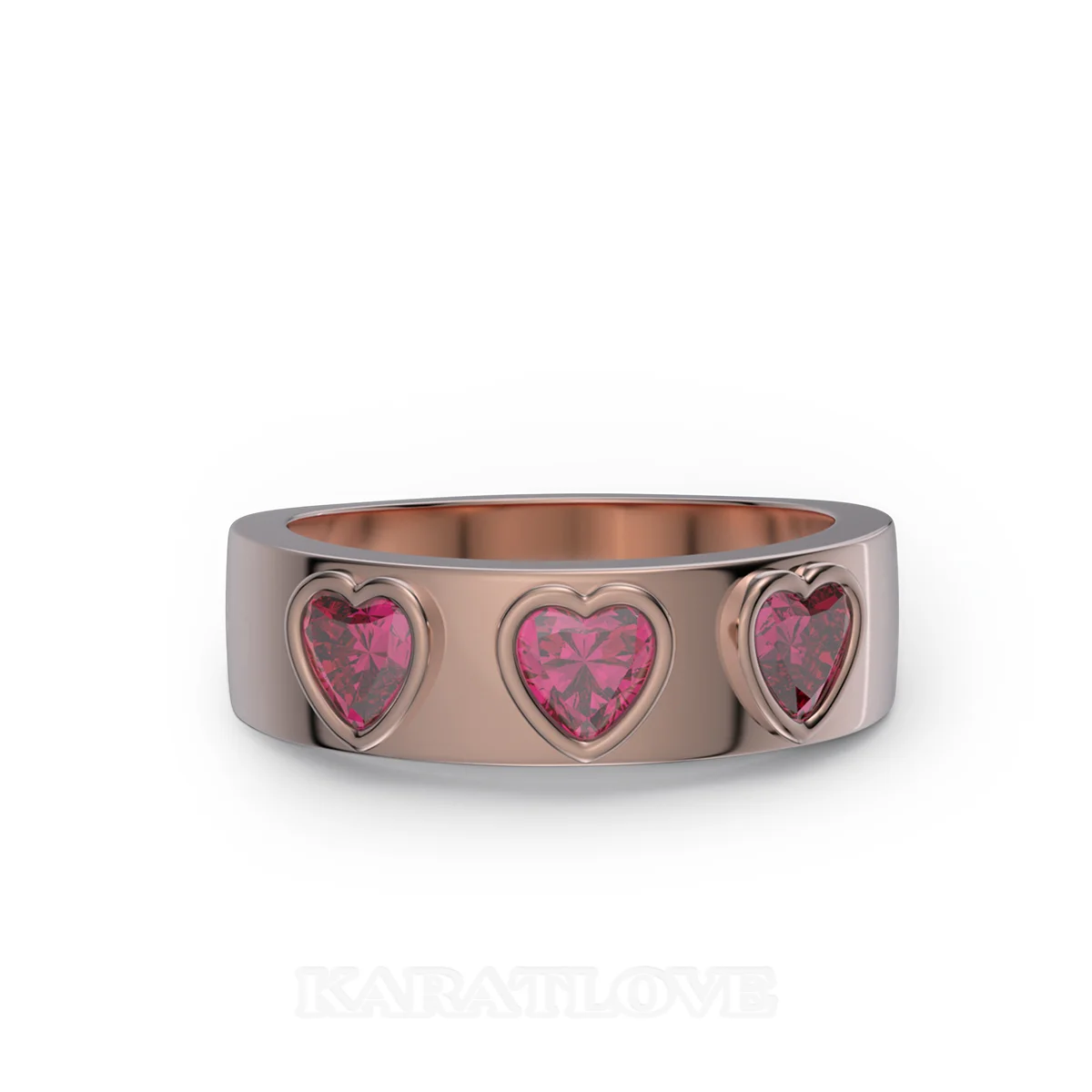 Bague de promesse en argent sterling et or rose sertie de rubis rouge taillé en trois cœurs