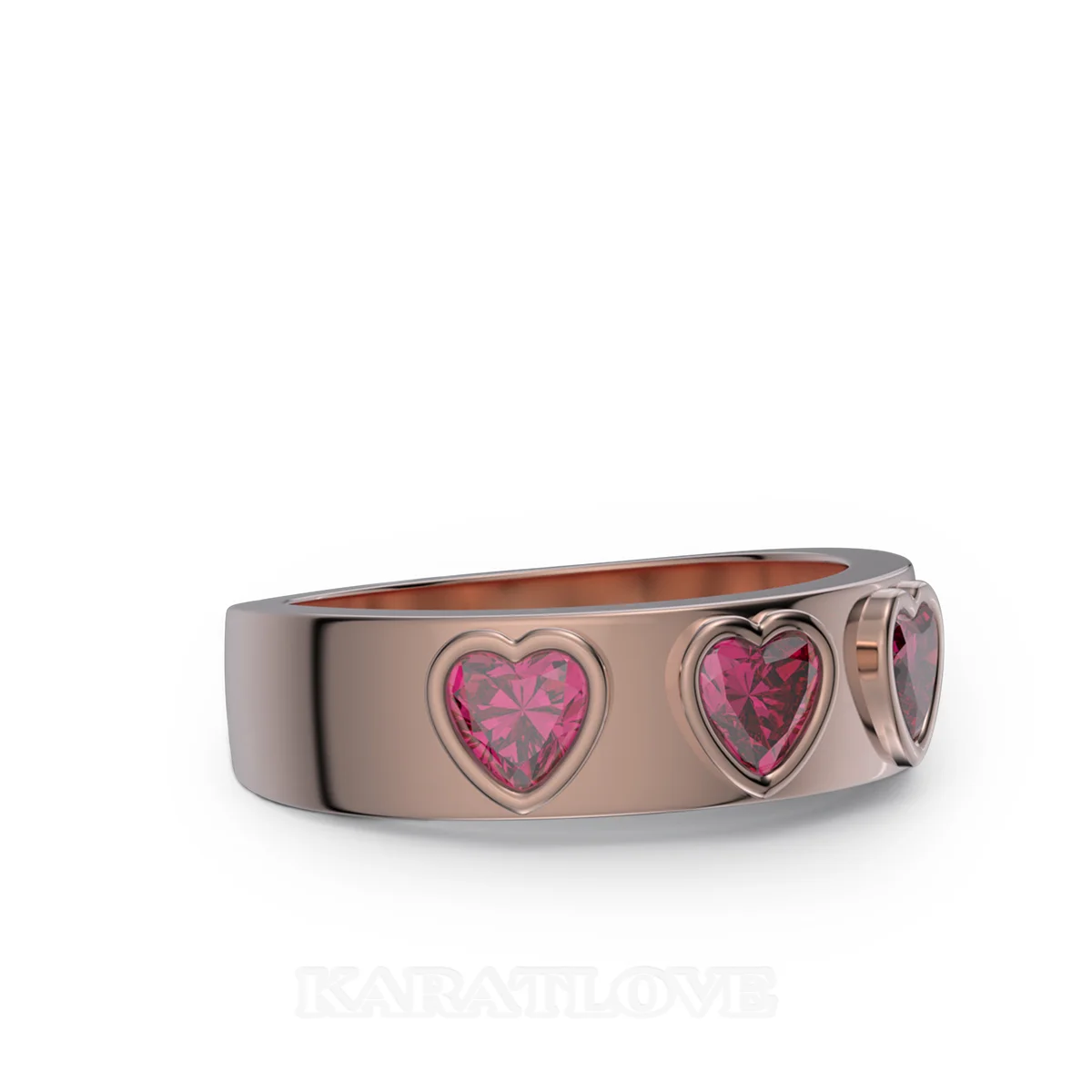 Bague de promesse en argent sterling et or rose sertie de rubis rouge taillé en trois cœurs