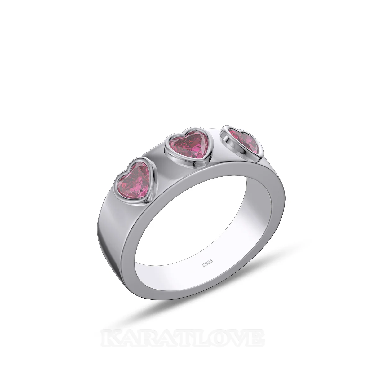 Bague de promesse en argent sterling sertie de rubis rouge taillé en trois cœurs