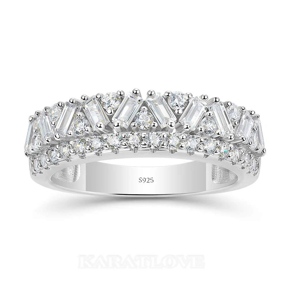 Bague en argent sterling blanc sertie de diamants taille baguette et ronds sur deux rangs