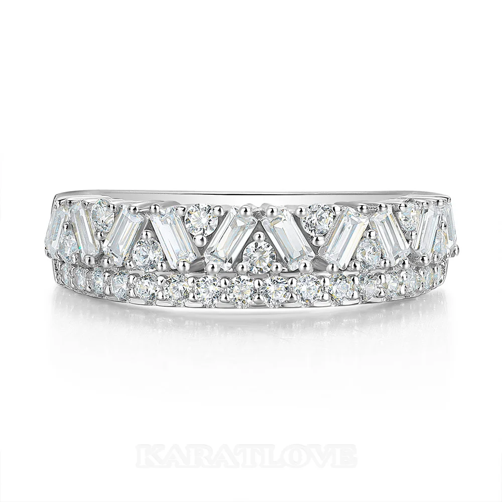 Bague en argent sterling blanc sertie de diamants taille baguette et ronds sur deux rangs