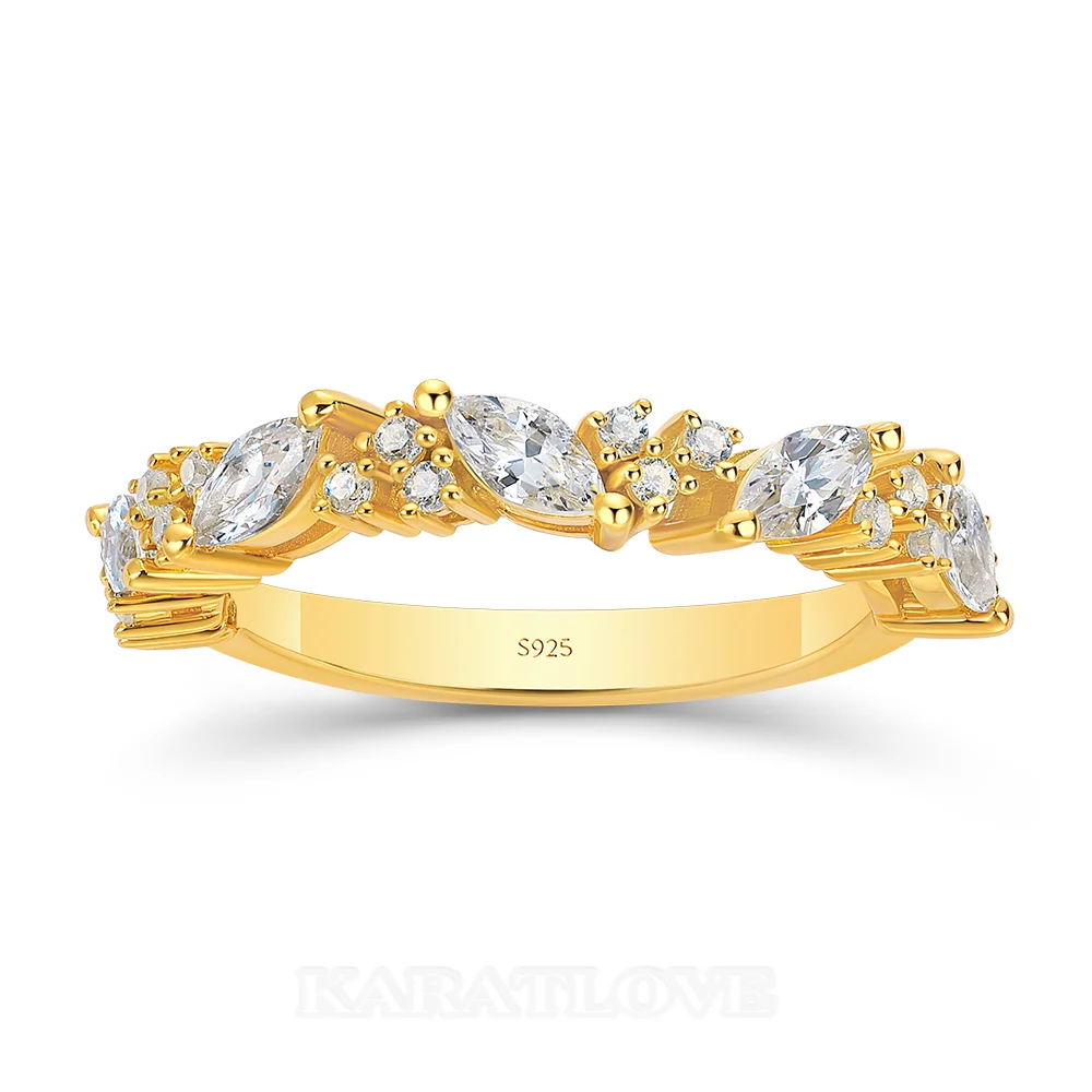 Bague en argent sterling blanc et or jaune avec diamant taille marquise