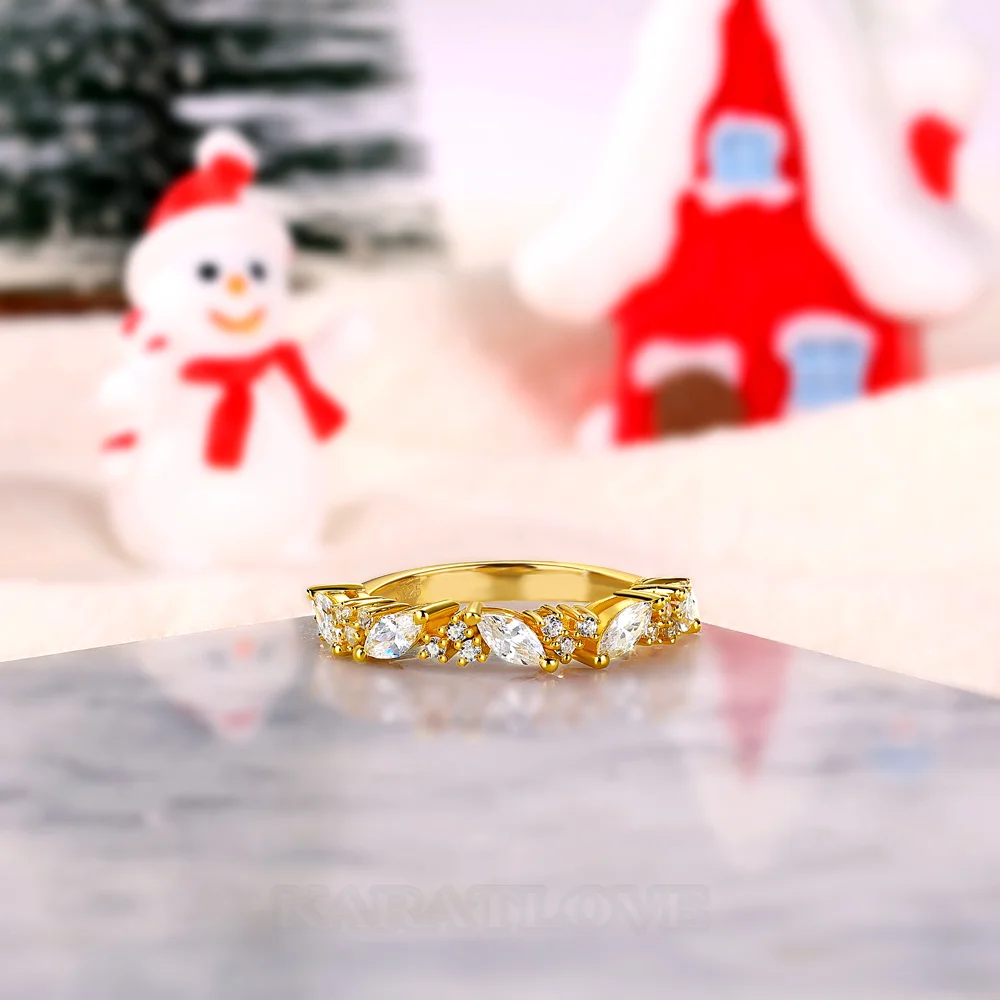 Bague en argent sterling blanc et or jaune avec diamant taille marquise