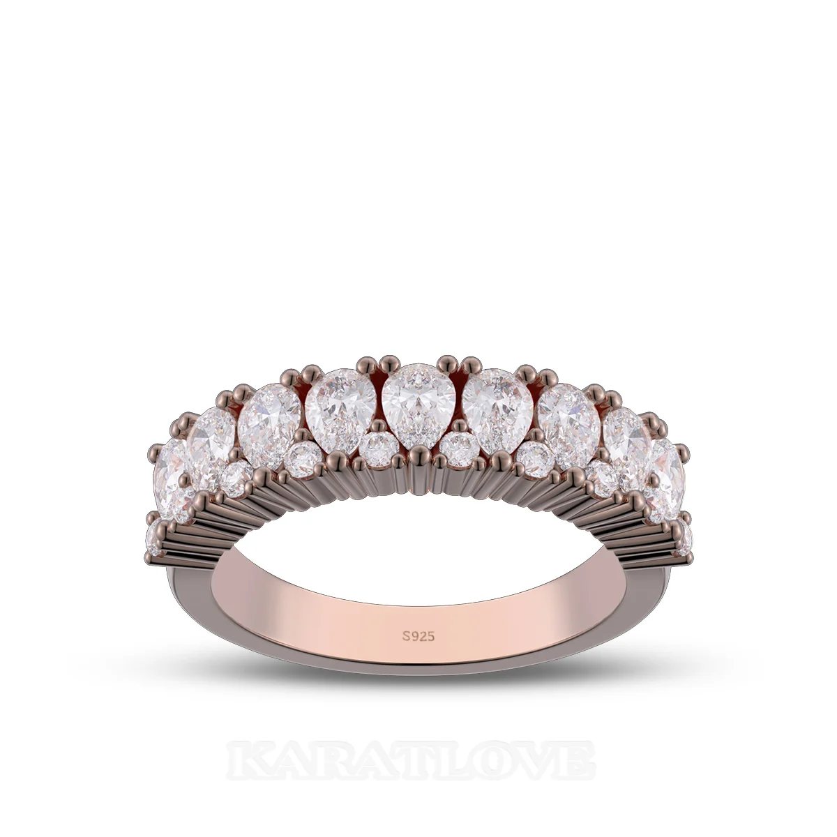 Bague de mariage en argent sterling blanc et or rose avec diamant taille poire