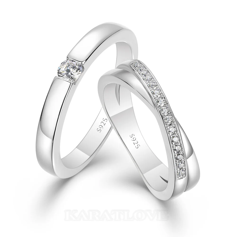 Alliances en argent sterling 925 blanc avec diamant taille ronde