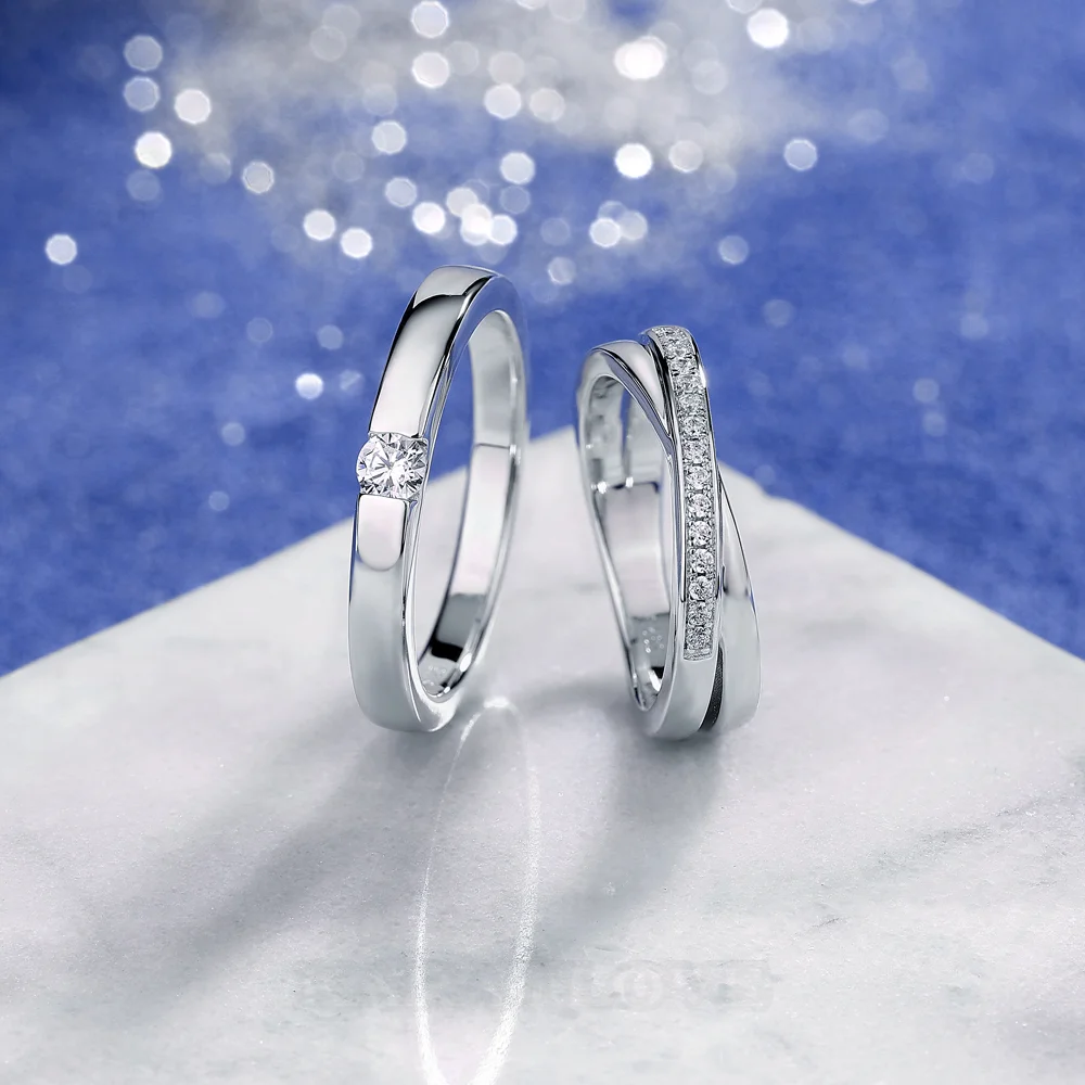 Alliances en argent sterling 925 blanc avec diamant taille ronde