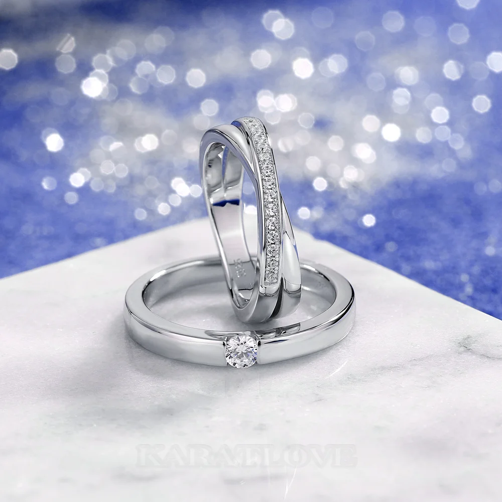 Alliances en argent sterling 925 blanc avec diamant taille ronde