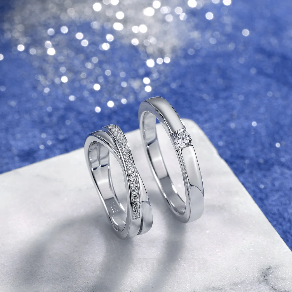 Alliances en argent sterling 925 blanc avec diamant taille ronde