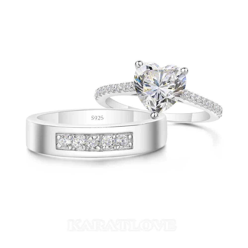 Alliances en argent sterling 925 blanc avec diamant taille cœur