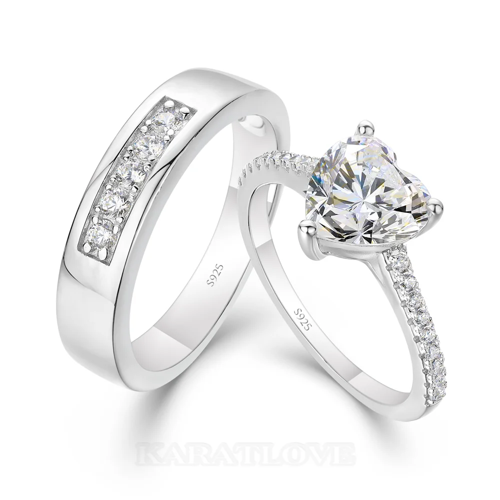 Alliances en argent sterling 925 blanc avec diamant taille cœur