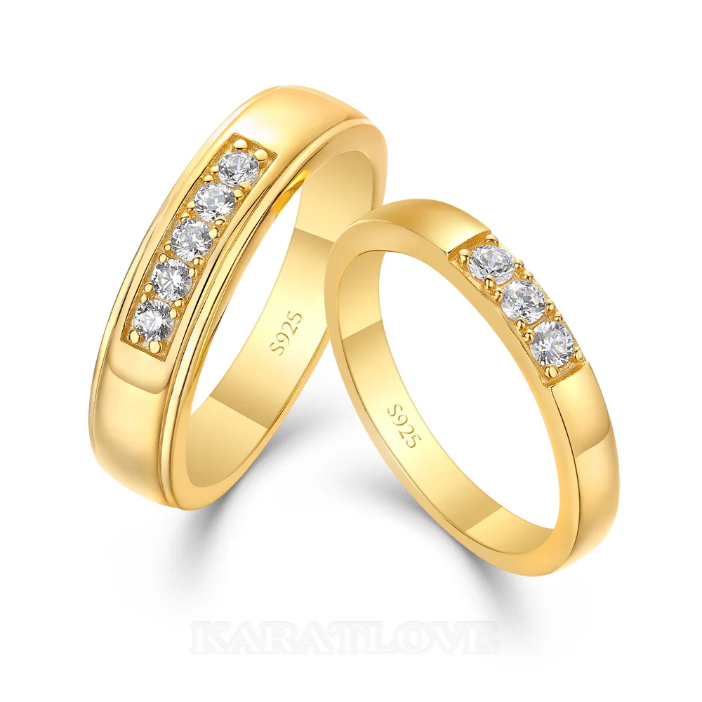 Alliances en argent sterling 925 et or jaune avec diamants taille ronde