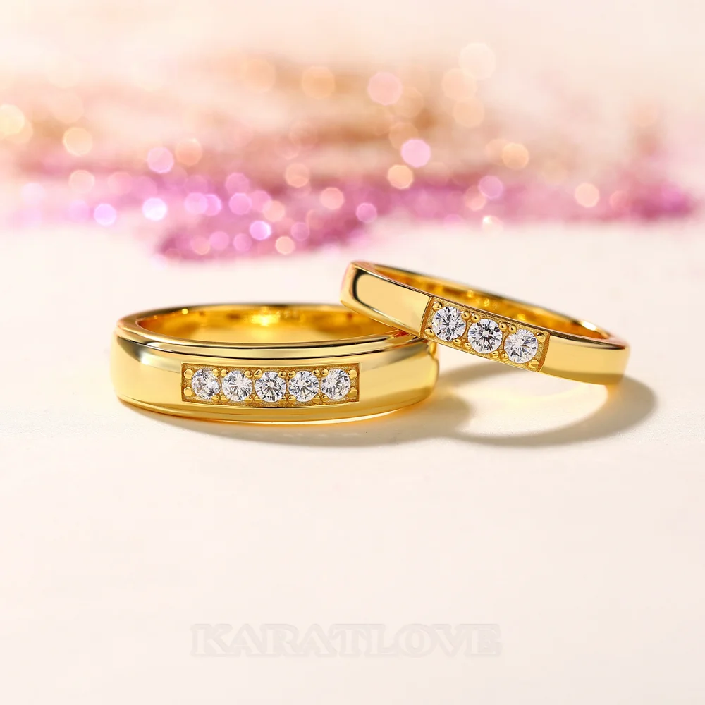 Alliances en argent sterling 925 et or jaune avec diamants taille ronde