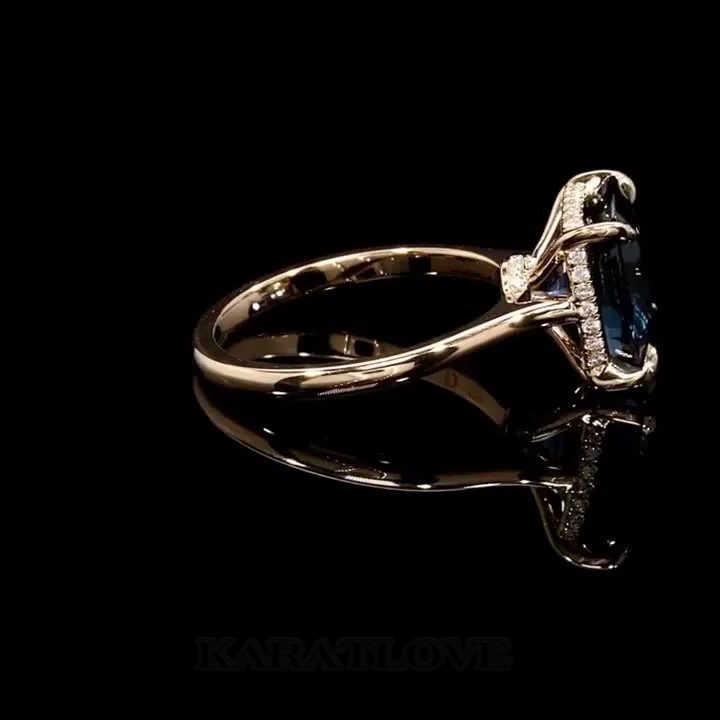 Bague de fiançailles en or rose 925 avec saphir bleu à taille coussin