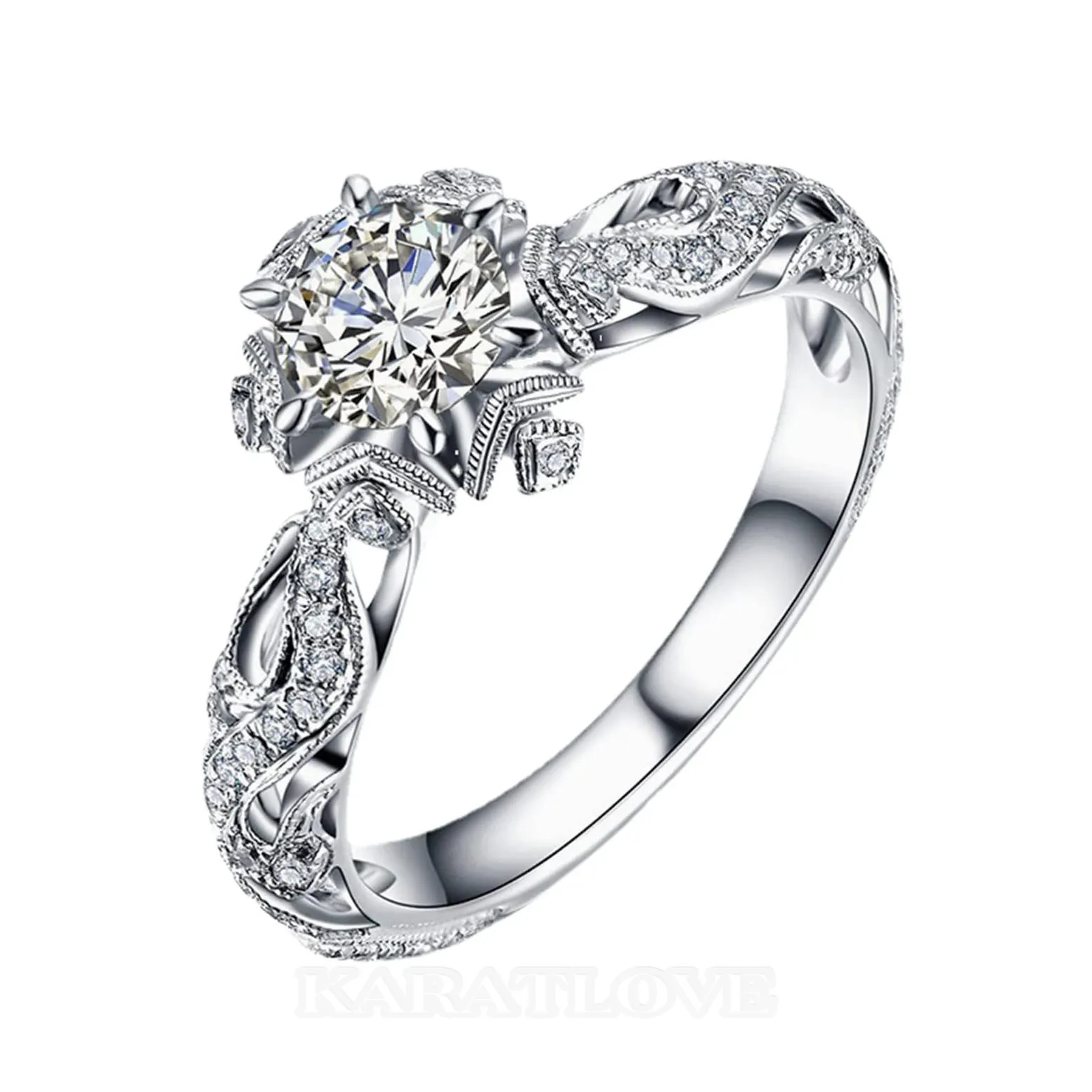 Bague de fiançailles art deco halo en argent 925 avec diamant rond et blanc
