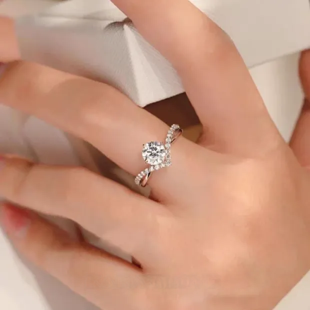 Bague de fiançailles art déco en argent 925 et diamant rond