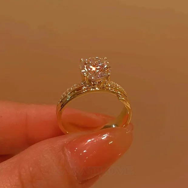 Bague de fiançailles en argent 925 et diamant rond en or jaune blanc
