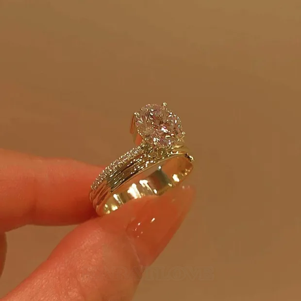 Bague de fiançailles en argent 925 et diamant rond en or jaune blanc
