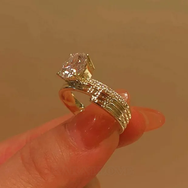 Bague de fiançailles en argent 925 et diamant rond en or jaune blanc