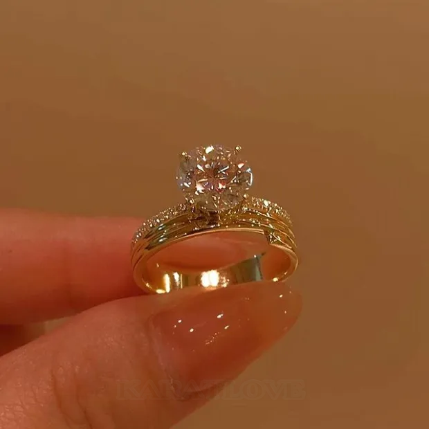 Bague de fiançailles en argent 925 et diamant rond en or jaune blanc