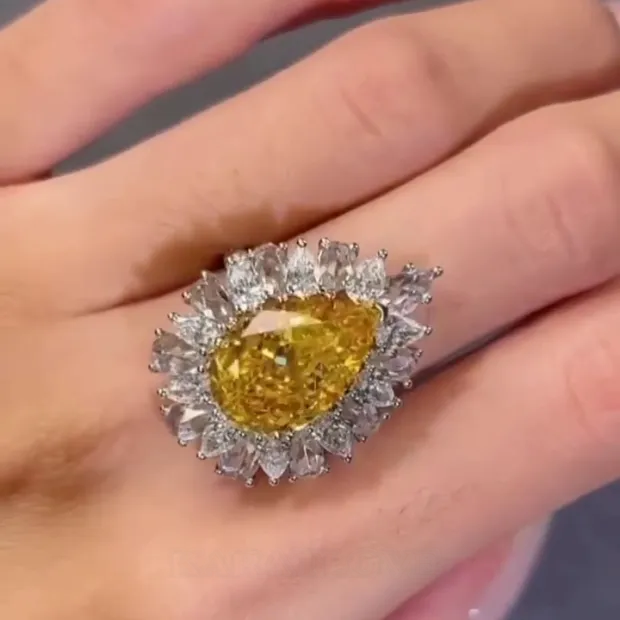 Bague de fiançailles en argent 925 avec citrine jaune en forme de poire