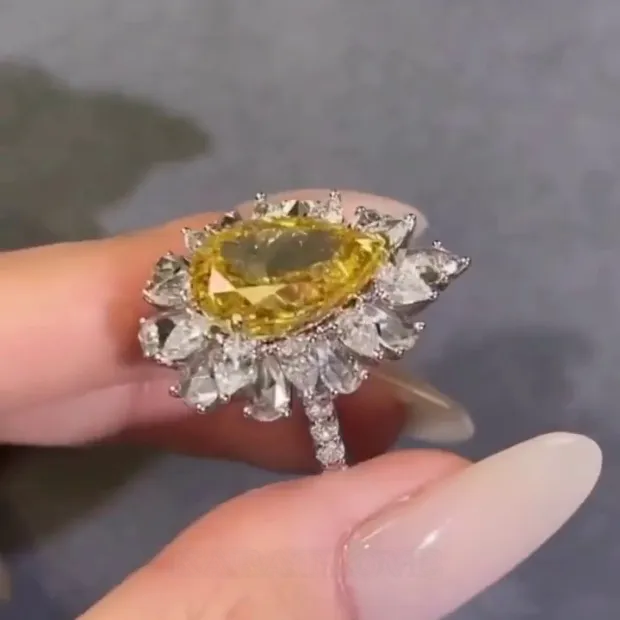 Bague de fiançailles en argent 925 avec citrine jaune en forme de poire