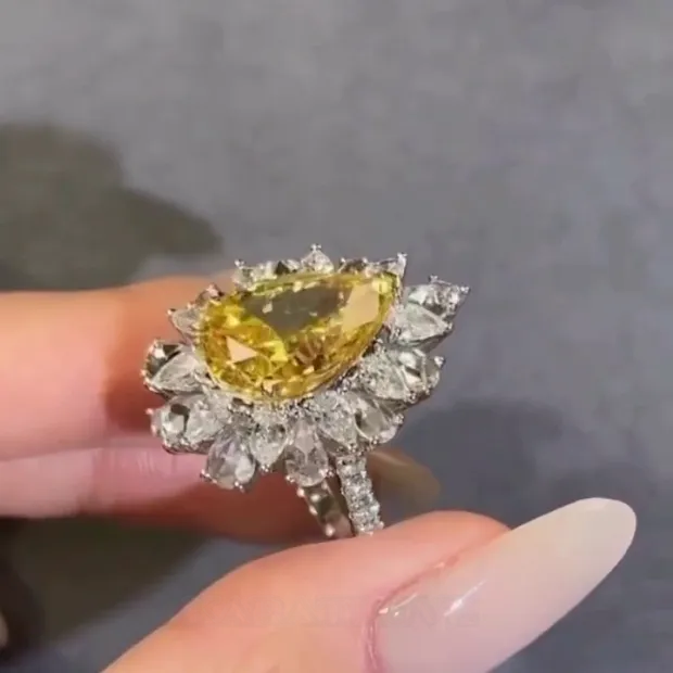 Bague de fiançailles en argent 925 avec citrine jaune en forme de poire