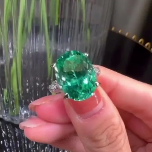 Bague de fiançailles en argent 925 art deco vert émeraude taille ovale