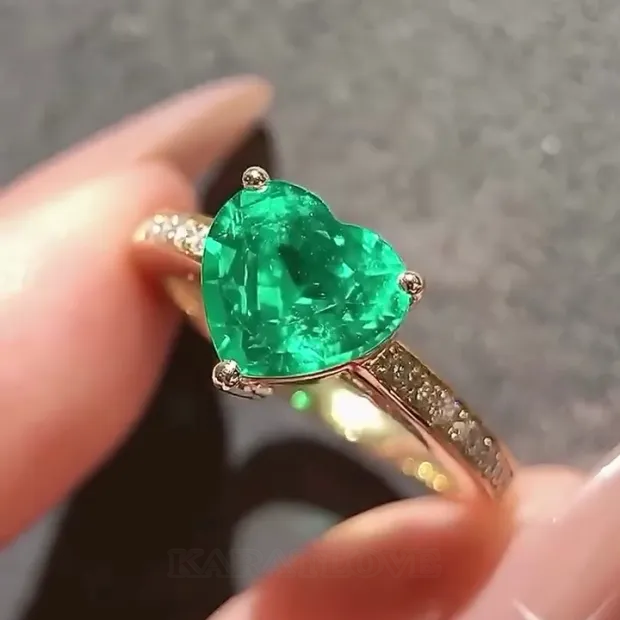 Bague de fiançailles en argent sterling 925, or jaune, vert émeraude taille cœur