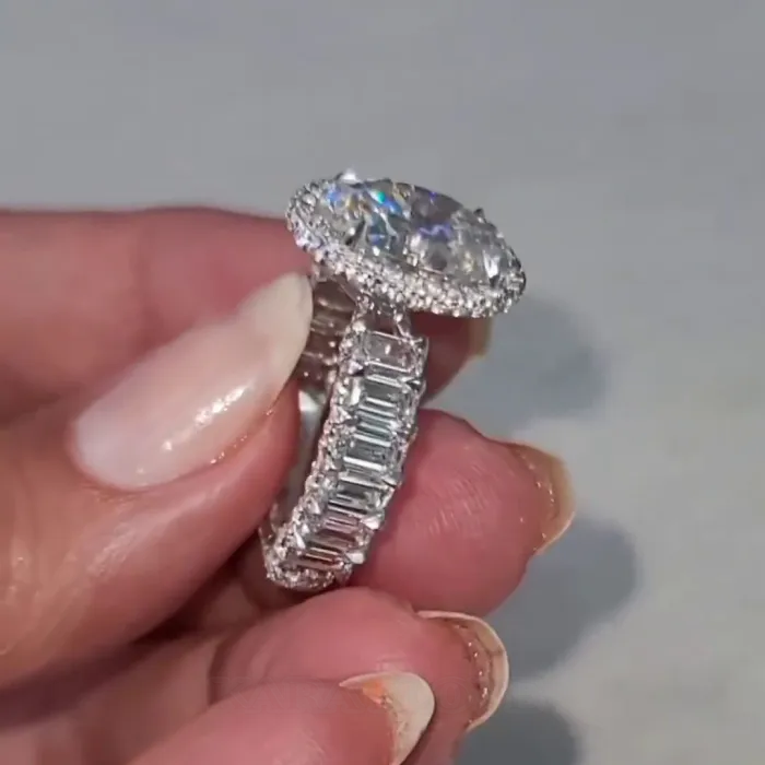 Bague de fiançailles en argent sterling 925 avec halo en diamant de taille ovale