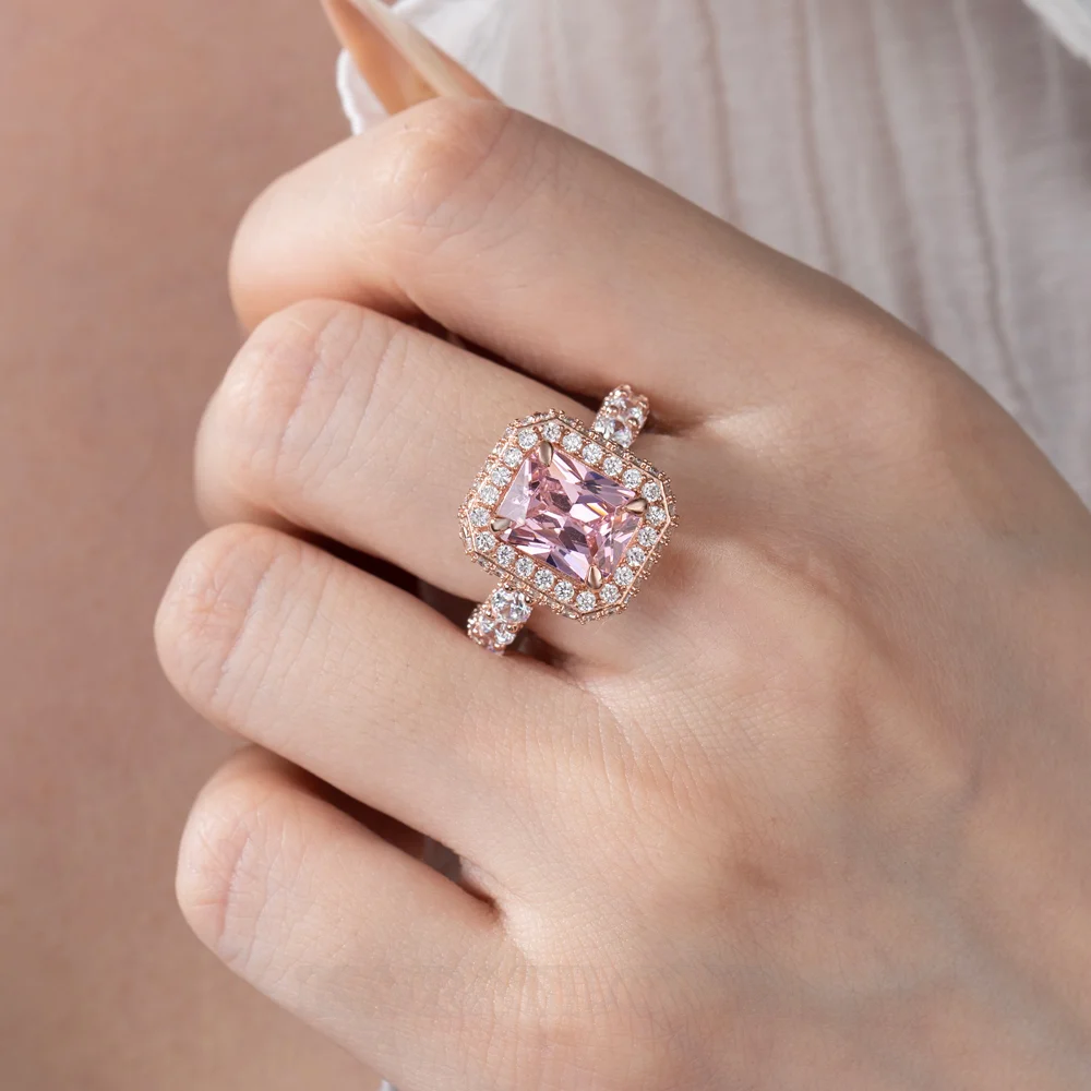 Bague de fiançailles en argent sterling et or rose (radiant cut fancy pink halo)