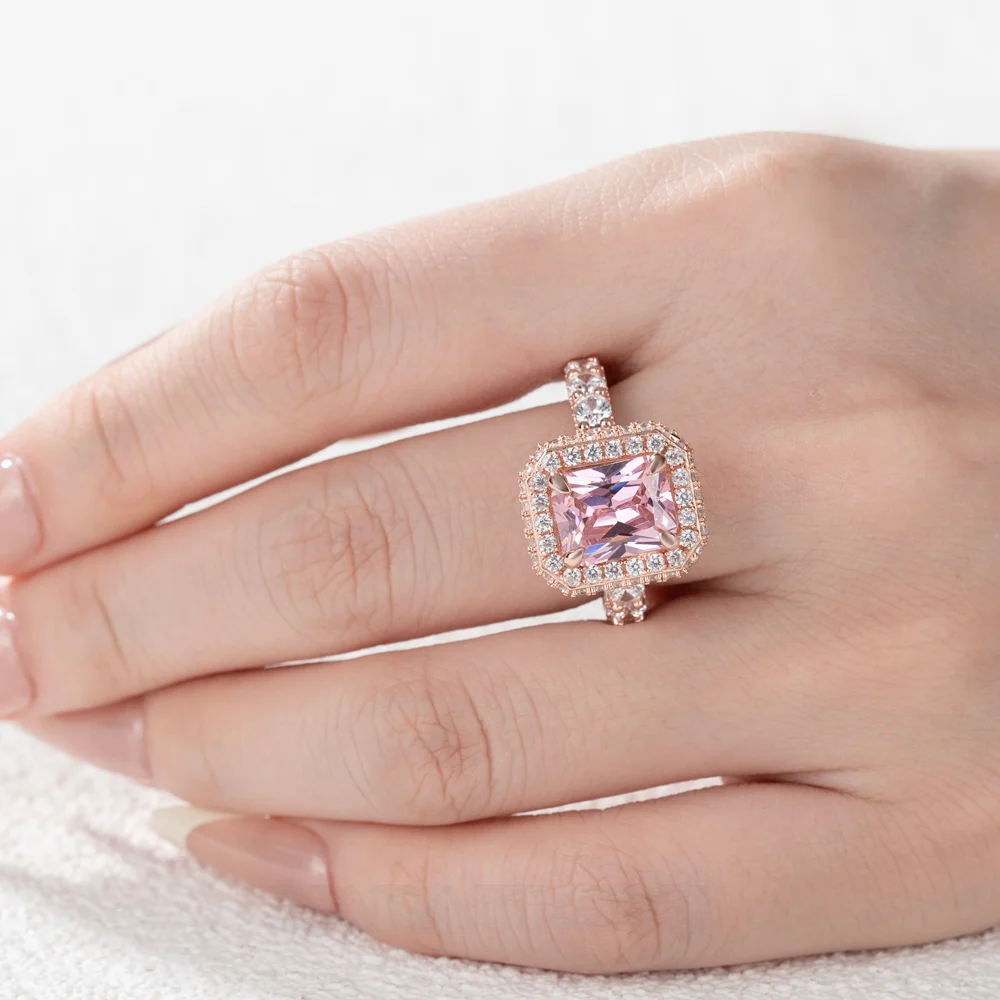 Bague de fiançailles en argent sterling et or rose (radiant cut fancy pink halo)