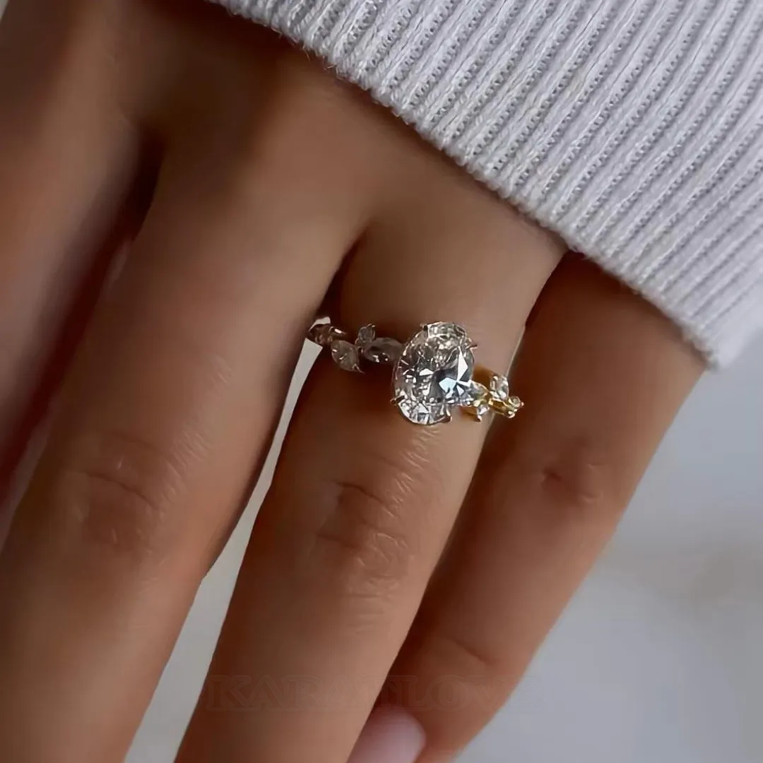 Bague de fiançailles en argent sterling et or jaune 925 avec halo caché en diamant blanc de taille ovale