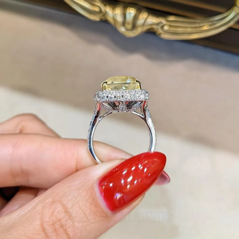 Bague de fiançailles en argent 925 avec citrine taillée à l'emporte-pièce et halo jaune